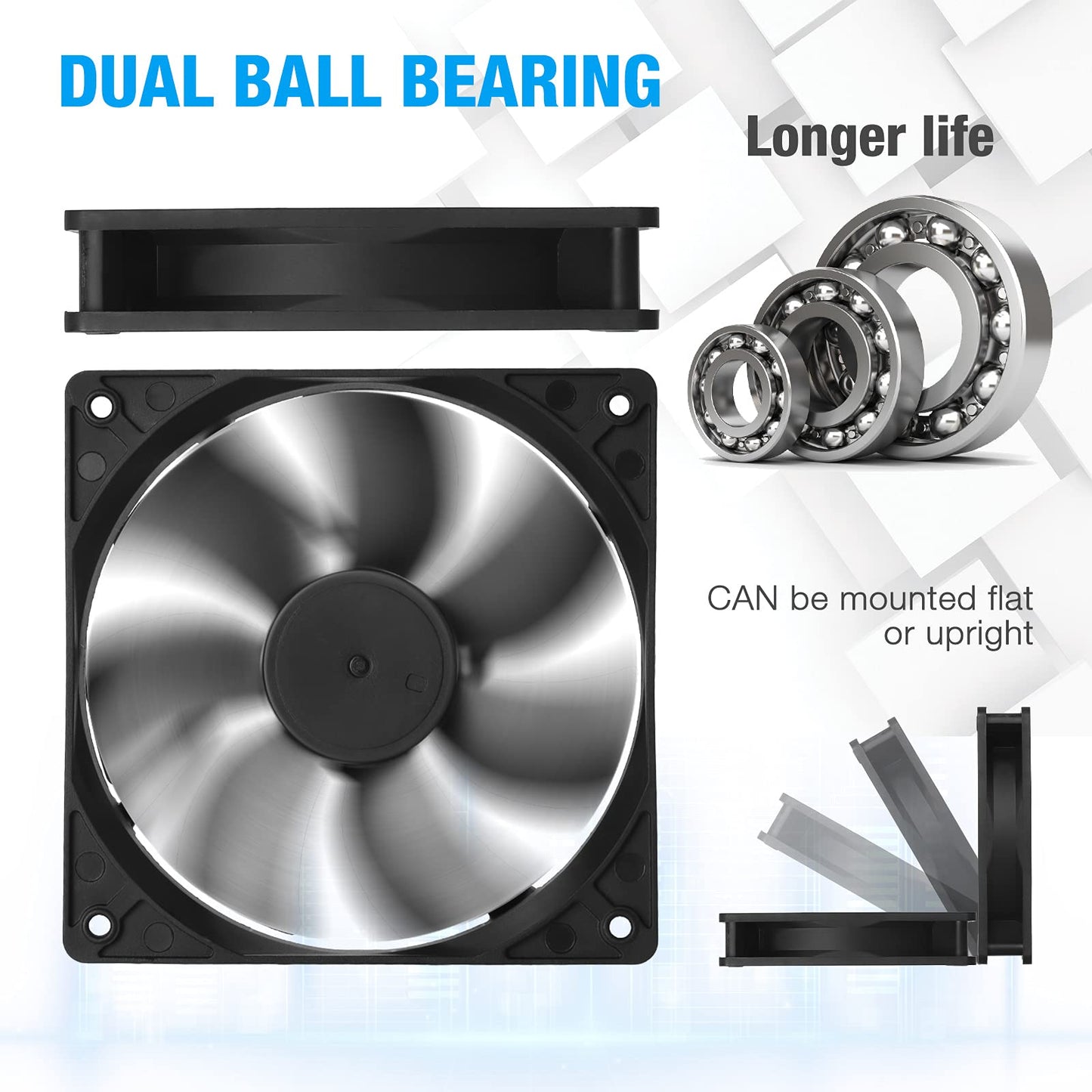 Pinfox 12V DC 120mm Quiet Cooling Fan Silent, Variable Speed Control by 5V to 12V Input, Dual Ball Bearings 3 Pin for PC Computer Case, Home Theater