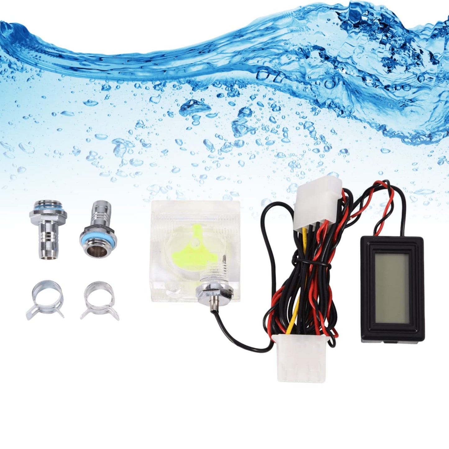 Yosoo PC 3 Way Flow Meter Digital Thermometer, Computer Water Cooling System Kit with Two Connectors and Clamps Water Cooling System Kit for Computer