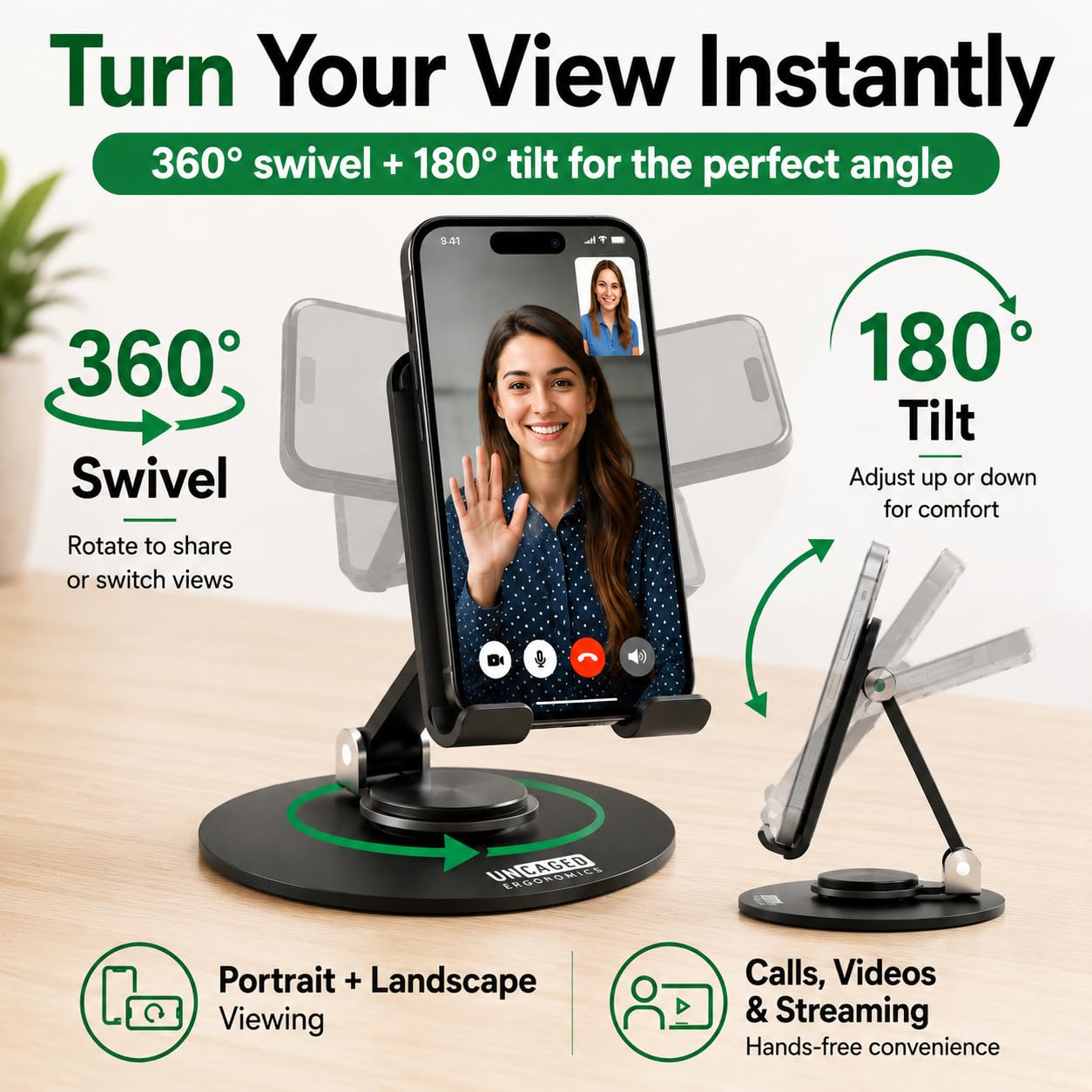 Uncaged Ergonomics 360° Swivel Rotating Adjustable Phone Stand for Desk, Portable & Foldable Cell Phone Stand for Desk, Compact Mobile Stand