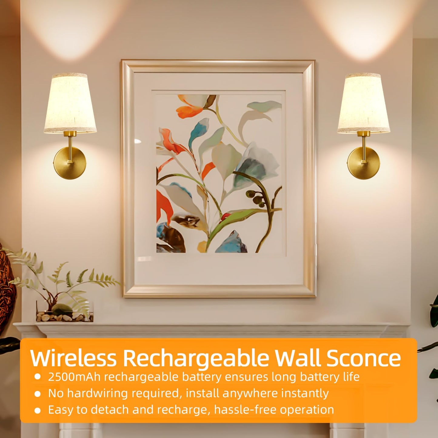 Battery Operated Wall Sconces Set of Two, Dimmable Rechargeable Battery Wall Light with RGB Bulb, Rechargeable Wall Mounted Sconce Lamp with Remote