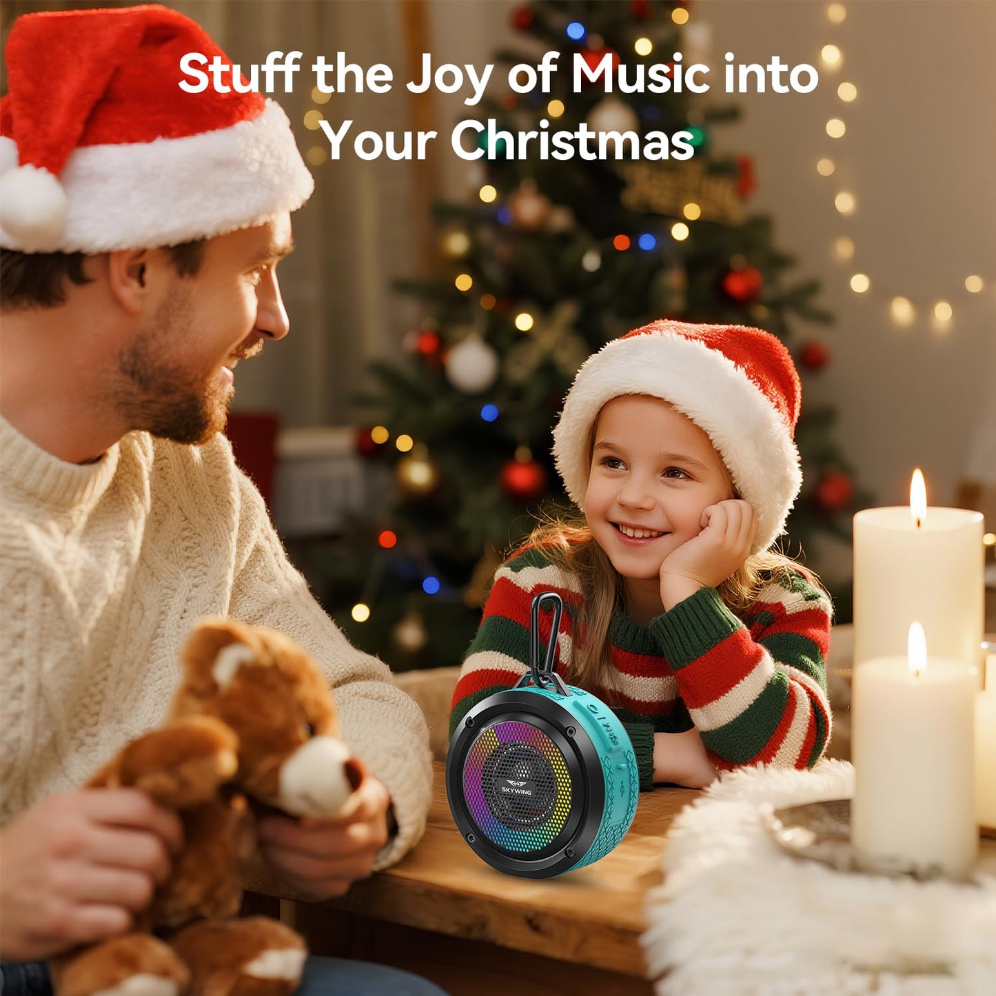 SKYWING Shower Speaker, Certified IPX7 Waterproof,Portable Bluetooth Speaker with Suction Cup,Hook,Light, Stocking Stuffers, Premium Mini Outdoor