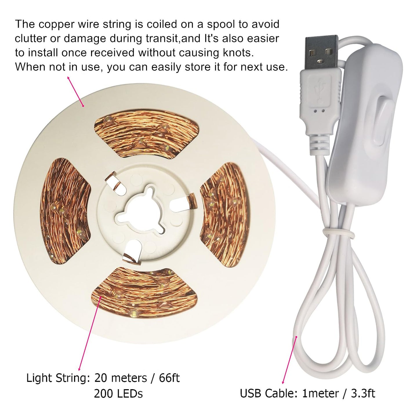 RUICHEN Copper Wire 66 Ft 200 LED USB Fairy String Lights with On/Off Switch, Warm White