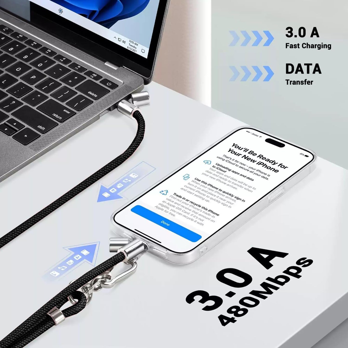 AntoFlash 2-in-1 Phone Lanyard USB-C Charging Cable, 60W Fast Charge Braided Crossbody Phone Strap, Adjustable Anti-Lost USB-C to USB-C Cable
