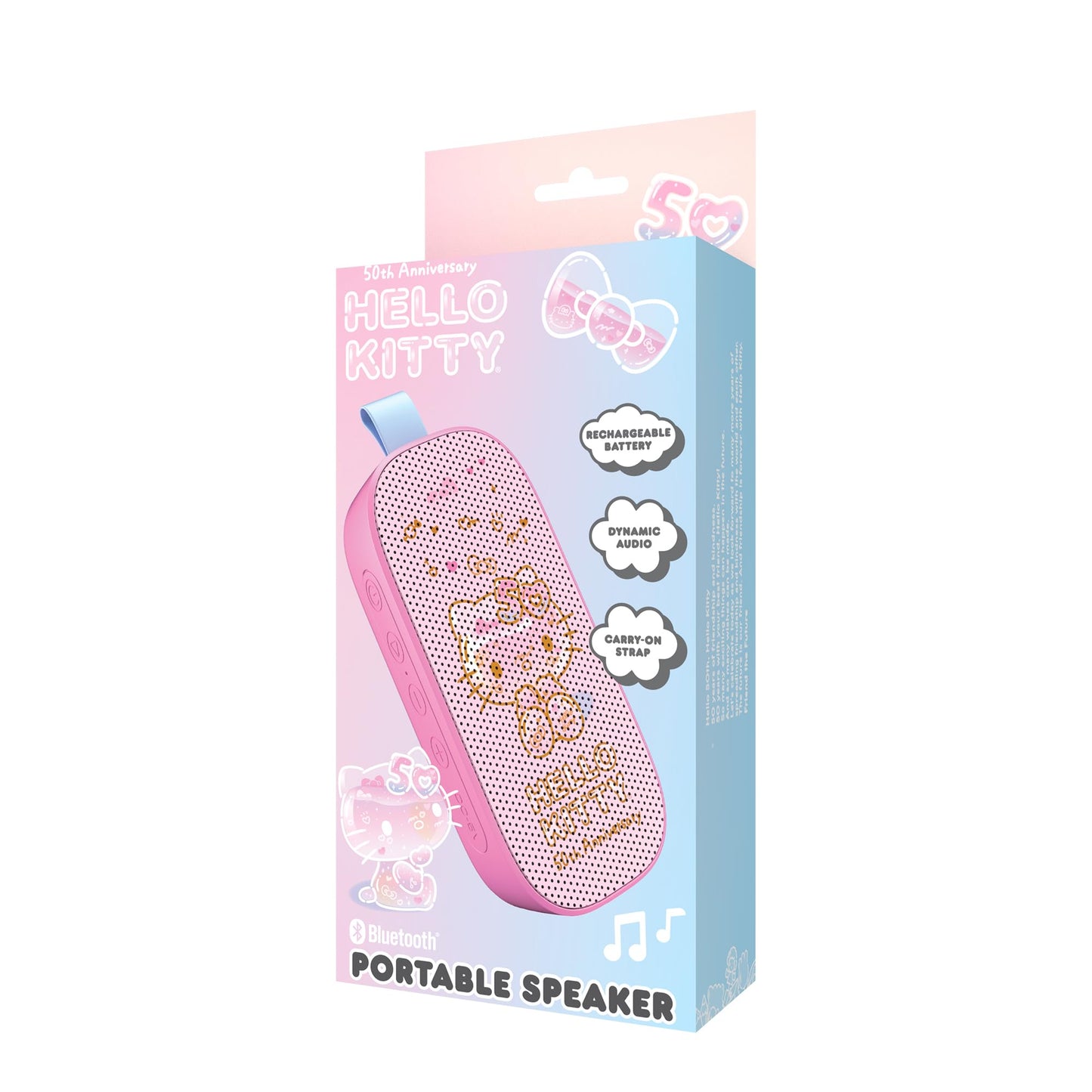 Hello Kitty 50th Anniversary Bluetooth Portable Speaker - Rechargeable Battery, Dynamic Audio, Carry-On Strap, Cute Pink Design for Travel, Parties