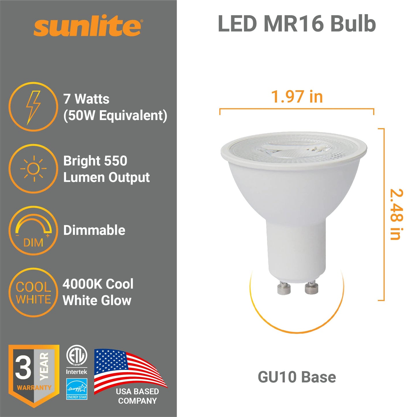 Sunlite 80527 LED MR16 Reflector Spotlight Bulb, 7 Watts (50W Halogen Bulb Replacement) 120 Volt, 550 Lumen, 35° Flood Beam, GU10 Base, Dimmable, ETL