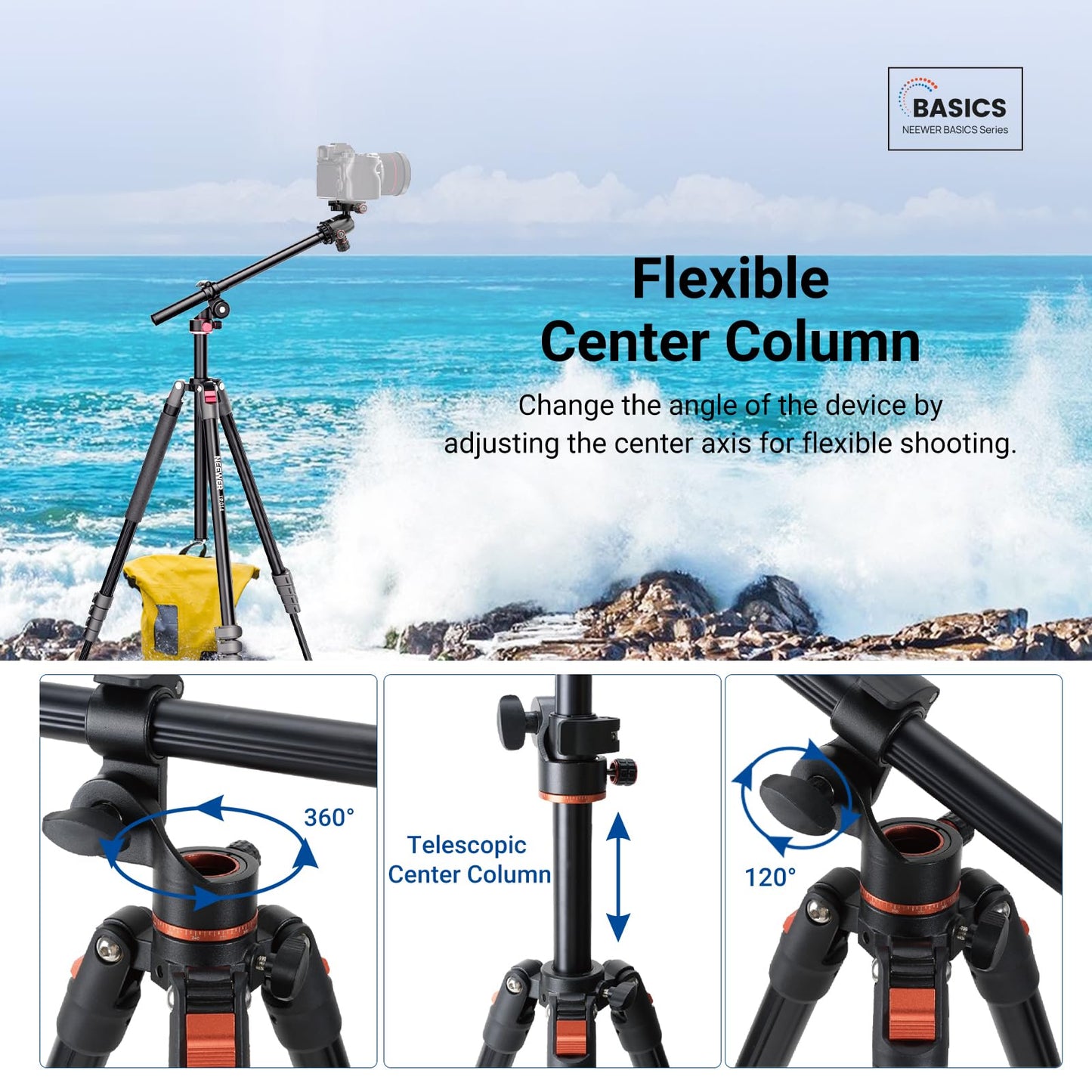 NEEWER Basics Overhead Camera Tripod Monopod with Ball Head & Horizontal Center Column, 76 Inch Tall Metal DSLR Video Travel Stand, Arca Type QR Plate