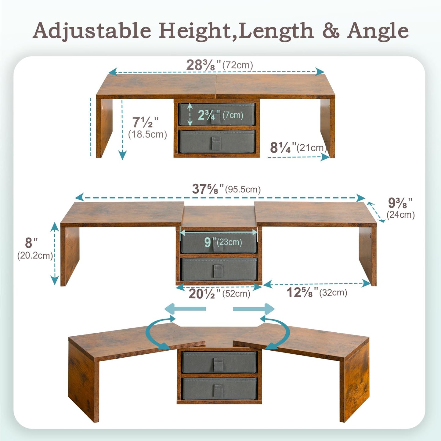 TEAMIX Dual Monitor Stand Riser with 2 Drawers - Length and Angle Adjustable 3 Shelf Monitor Riser with Storage Desk Organizer Large Monitor Stand