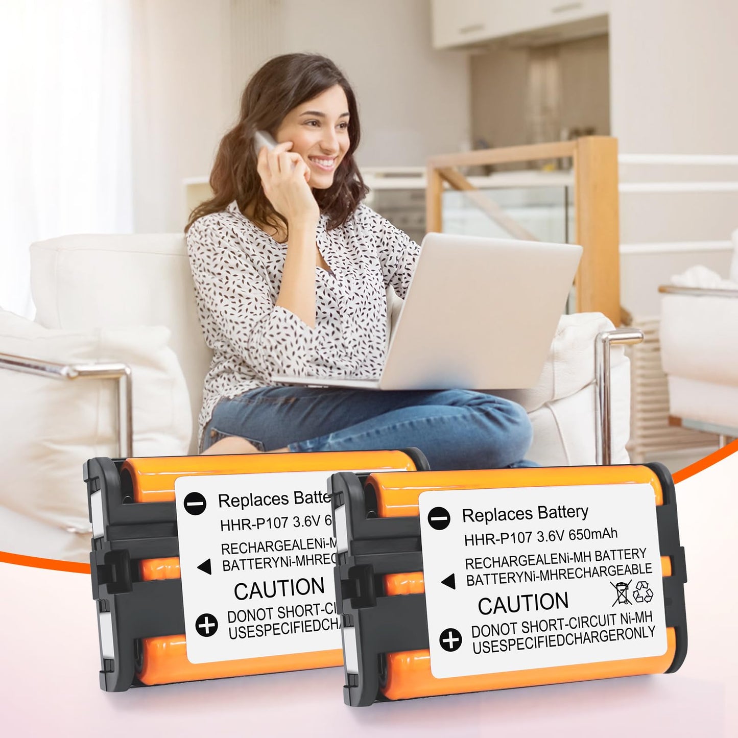 EOCIK 2PACK HHR-P107 NI-MH Rechargeable Battery 3.6V 650mAh Replacement Batteries for Panasonic Cordless Phone