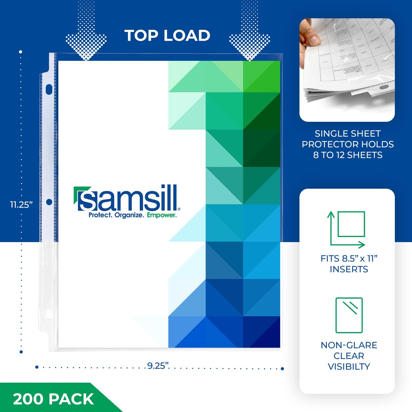 Samsill 200 Pack Sheet Protectors, 8.5x11 Inch Page Protectors for 3 Ring Binder, Standard Weight, Non-Glare Protector, Letter Size, Top Loading, Acid