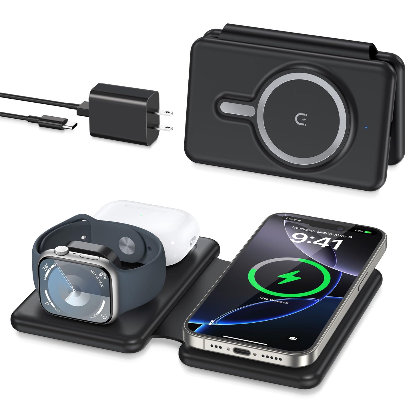 Wireless Charger iPhone - 3 in 1 Charging Station for Apple Devices for iPhone 17 16 15 14 13 12 Pro Max Plus - Foldable Magnetic Charging Pad