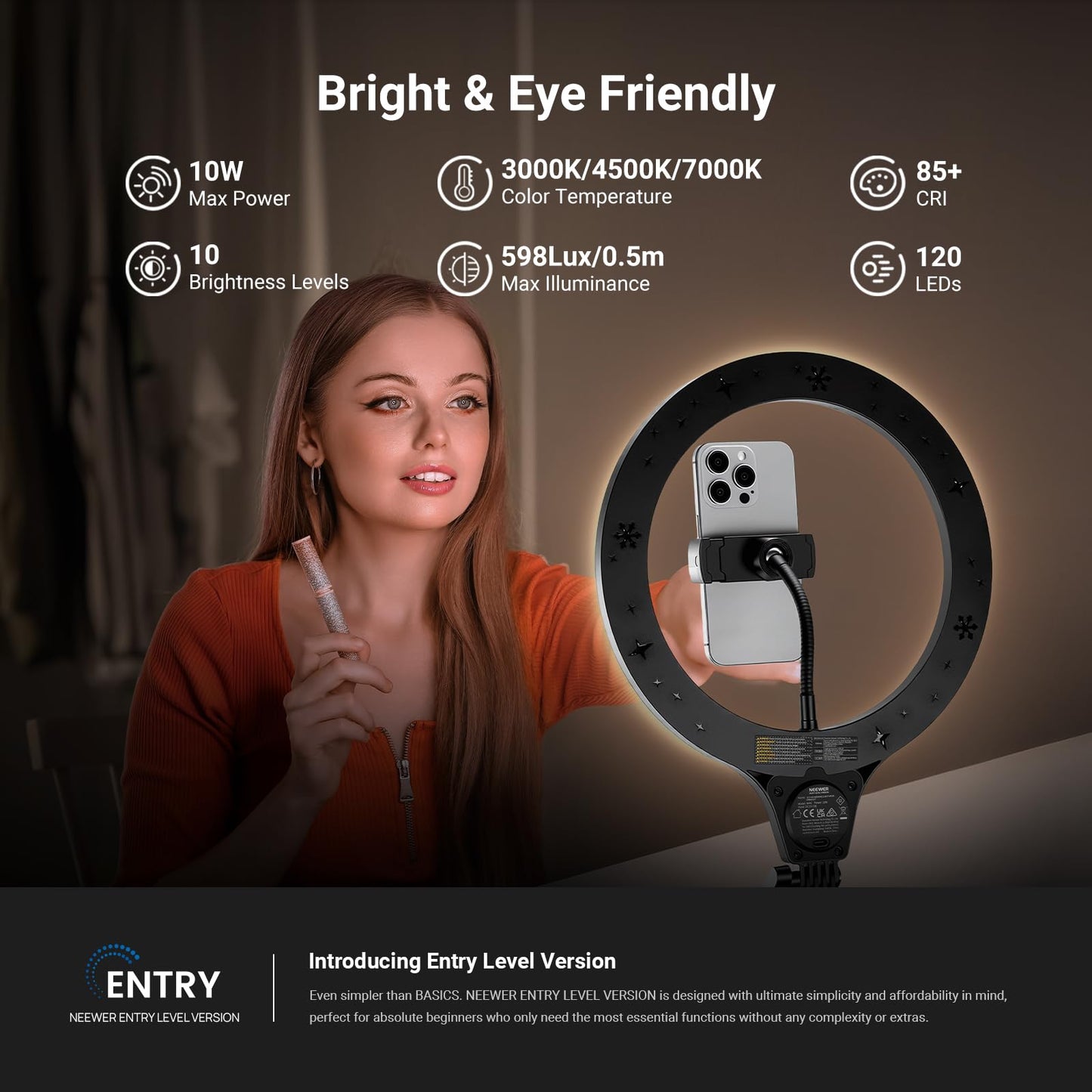 NEEWER Entry Level Version 10" 10W Ring Light with 46"-63" Stand, Overhead Phone Holder Mount Compatible with iPhone, Bi Color LED Selfie Lighting