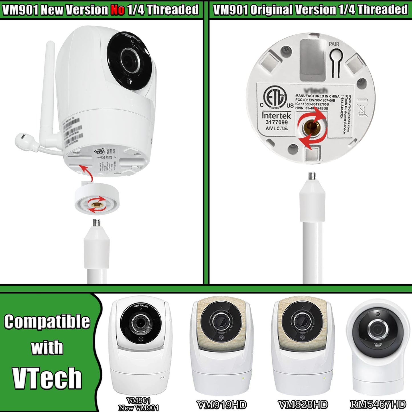 Upgraded Stronger Baby Monitor Mount for VTech VM901, New VM901, VM928HD, VM919HD, VM5463 Cameras, 31.5” Flexible Holder Stand for Crib, Shelves, or
