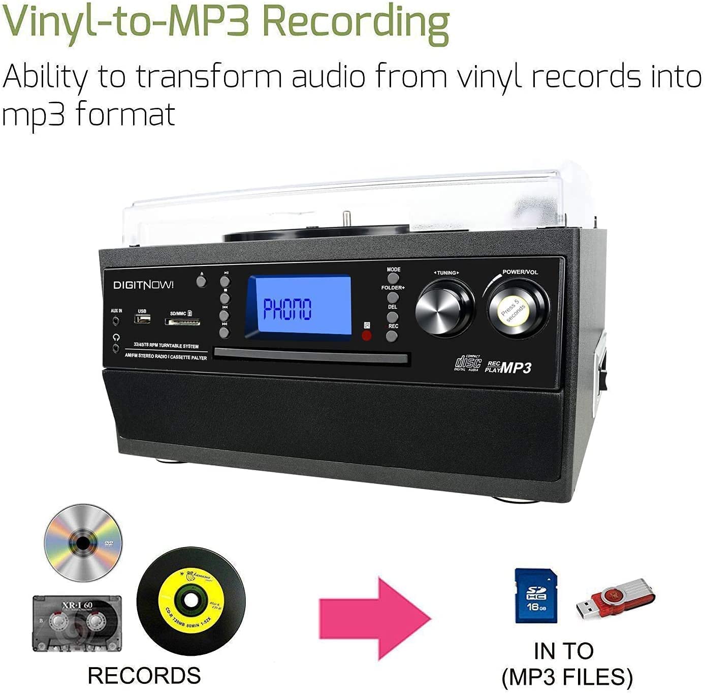 DIGITNOW Bluetooth Record Player Turntable with Stereo Speaker, LP Vinyl to MP3 Converter with CD, Cassette, Radio, Aux in and USB/SD Encoding, Remote