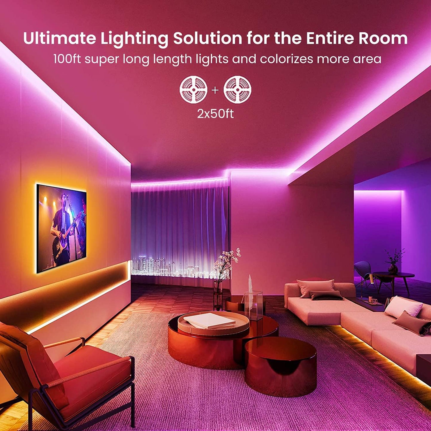 GUPUP LED Lights Strip 100 FT, LED Lights for Bedroom 100ft, RGB Rope Light for Room, Bluetooth APP Control,Color Changing Strip, Sync with Music,para