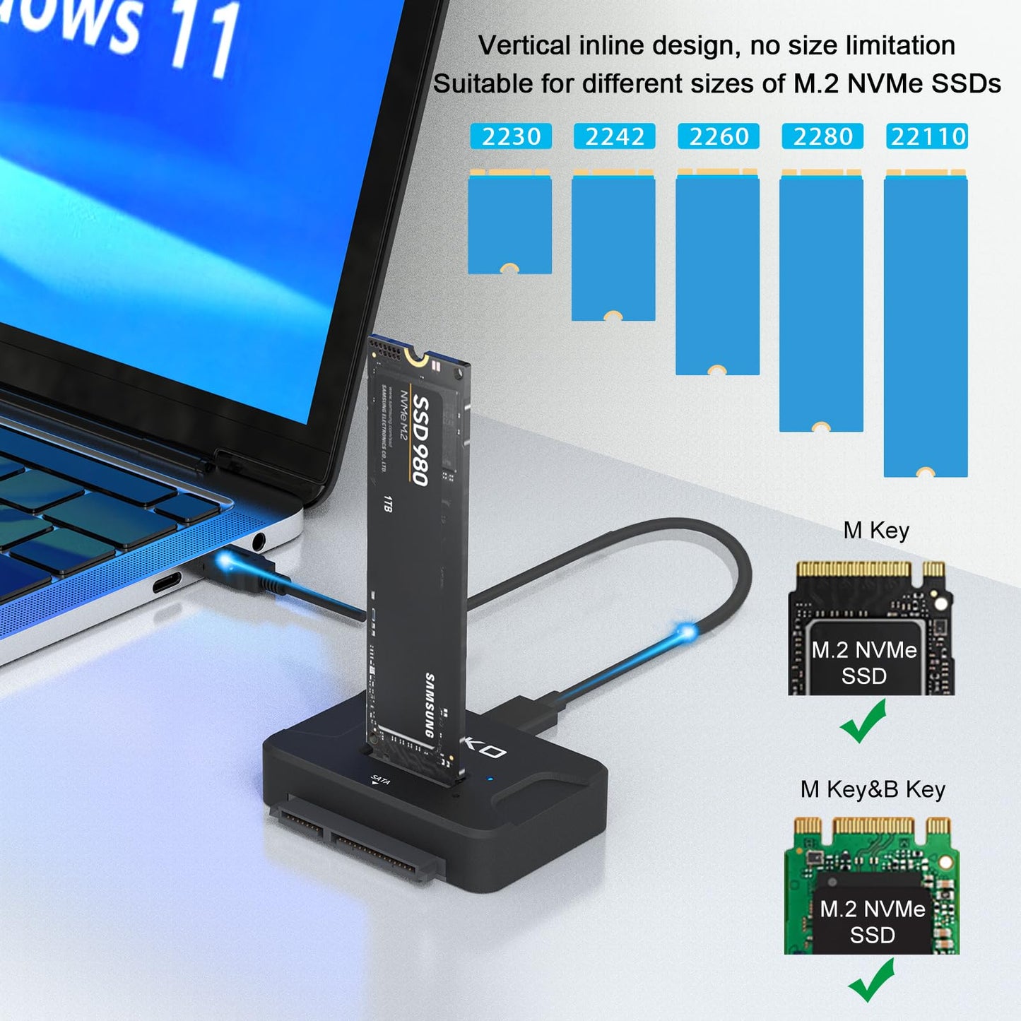 AOKO SATA NVMe SSD to USB Reader Adapter- Dual-Bay 2 in 1 Hard Drive Reader 10Gbps SSD Enclousure for NVMe + 2.5"/3.5" HDDs , Supports Simultaneous