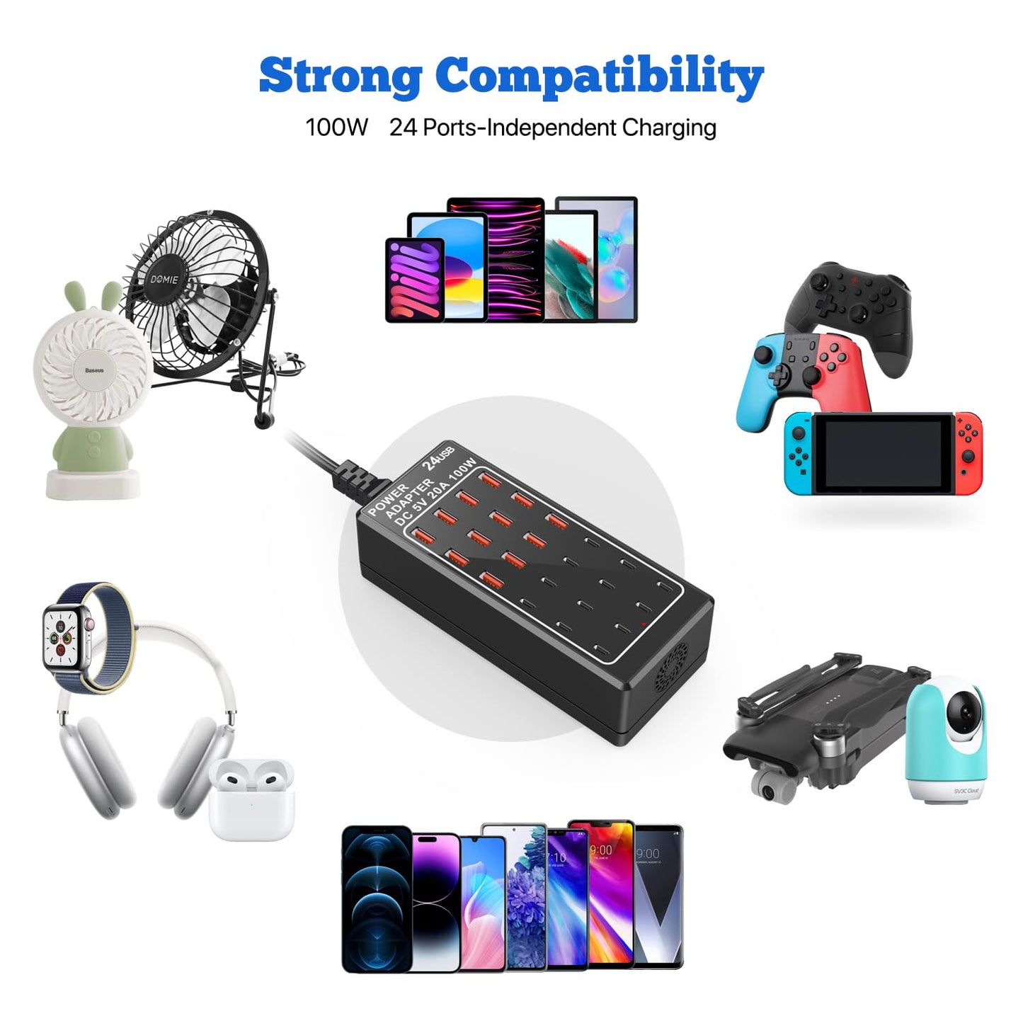 USB Charging Station Block, USB C Charger Station 24-Port 100W(20A), USB A Charger Block, Fast Charger Desktop Station, Multi-Function Smart Charger