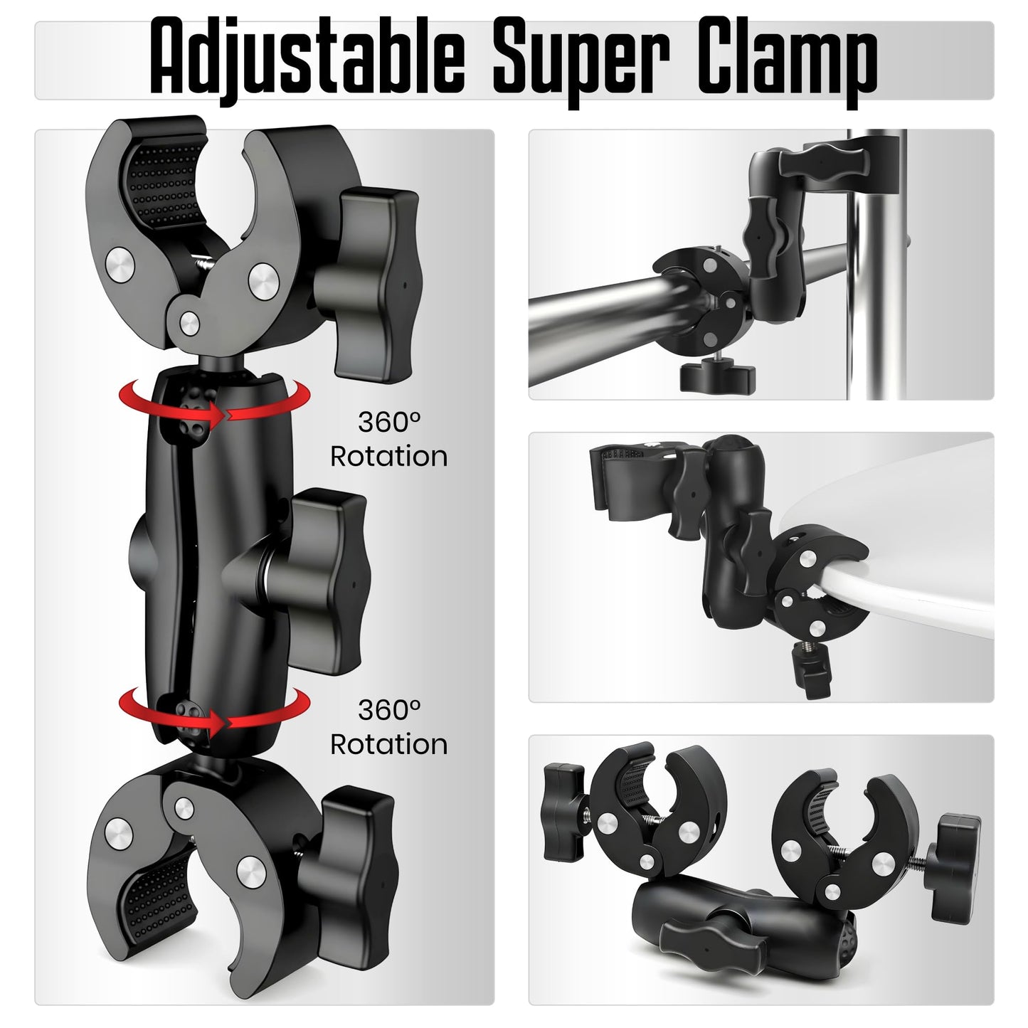 ALLVORIA Premium 3in1Umbrella Clamp for Chairs Strollers Boats & Kayaks Adjustable Mounting Bracket for Umbrella Camera & Phone Durable Anti Slip