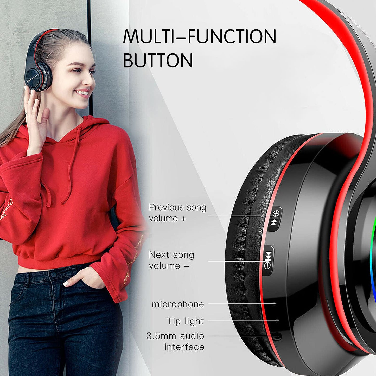 Bluetooth Over Ear Headphones, LED Lights Headphones with Built-in Mic, Light Weight, Bluetooth 5.0, Wireless Foldable HiFi Stereo Headphones…