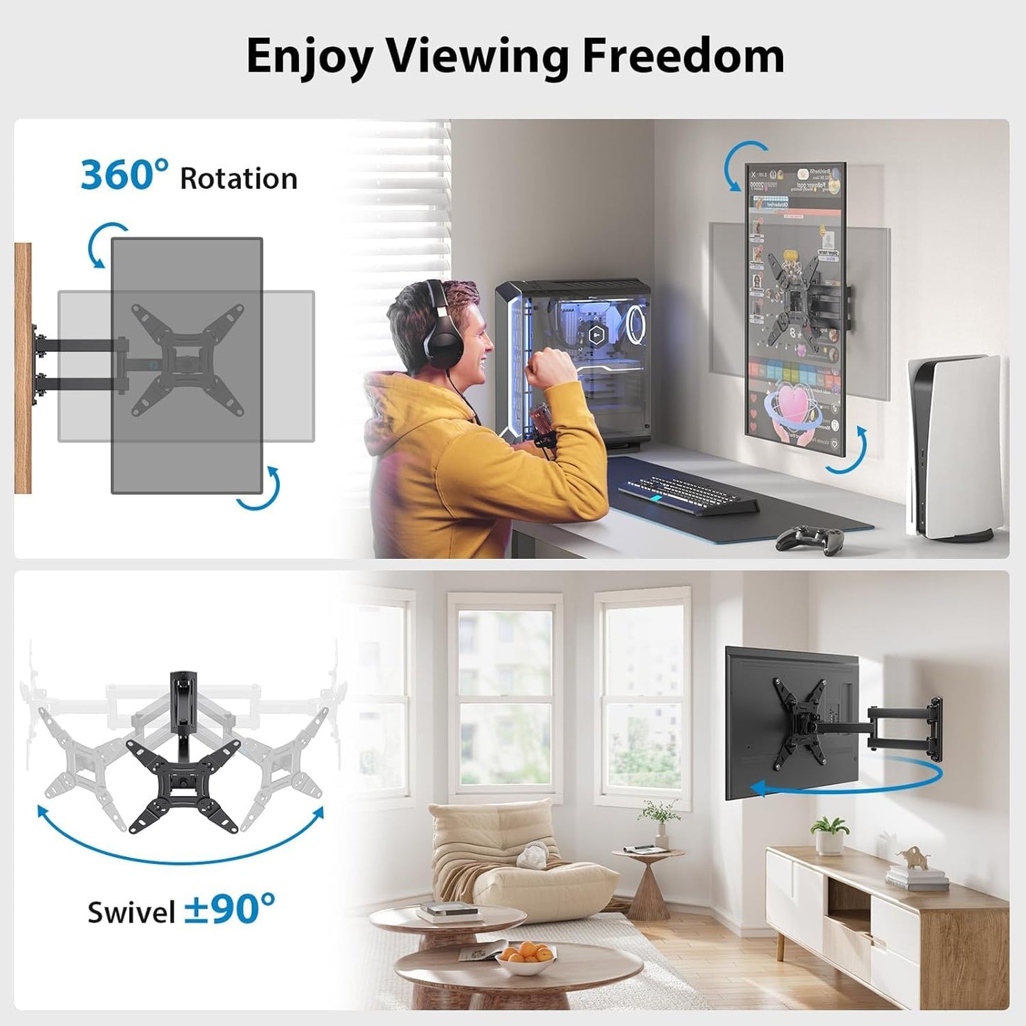 Pipishell Full Motion TV Wall Mount for Echo Show 21/15 and 13-43 Inch Flat Curved Screen TVs & Monitors, Max VESA 200x200mm up to 44lbs, TV Mount