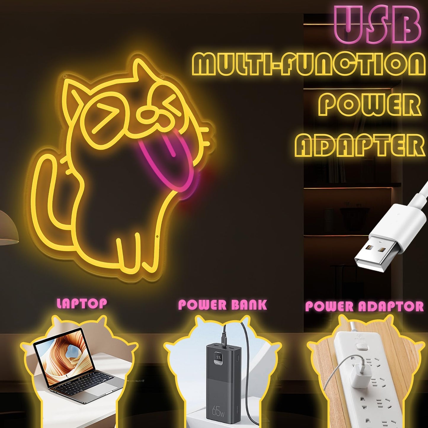 MelbDfei Cute Dimmable Neon Light Cat Wall Light with Heart Paw for Bedroom, Wall Decor, Gifts for Girls, Kids Room, or Cat Lovers (Tongue Out Cat)