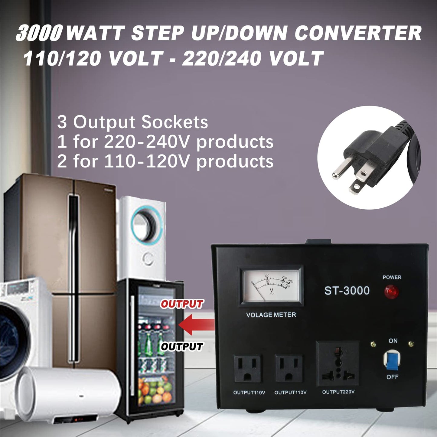 YaeCCC ST-3000 Voltage Transformer Converter Regulator with Voltage Meter - Step Up/Down - 110V/220V - Circuit Breaker Protection