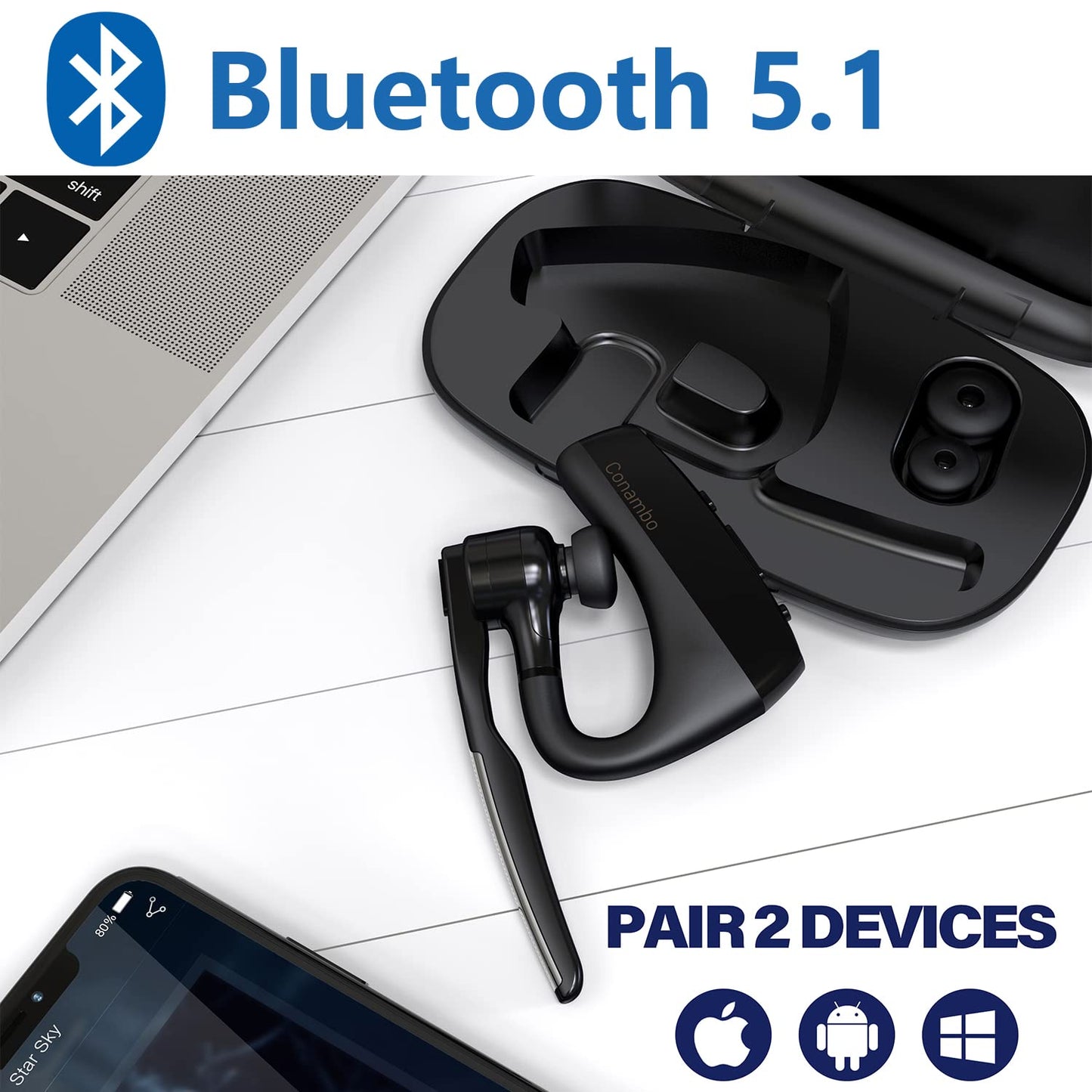CONAMBO Bluetooth Headset V5.1, 16 Hrs HD Talktime CVC8.0 Dual Mic Noise Cancelling Hands Free Bluetooth Earpiece for Cell Phone iPhone Android