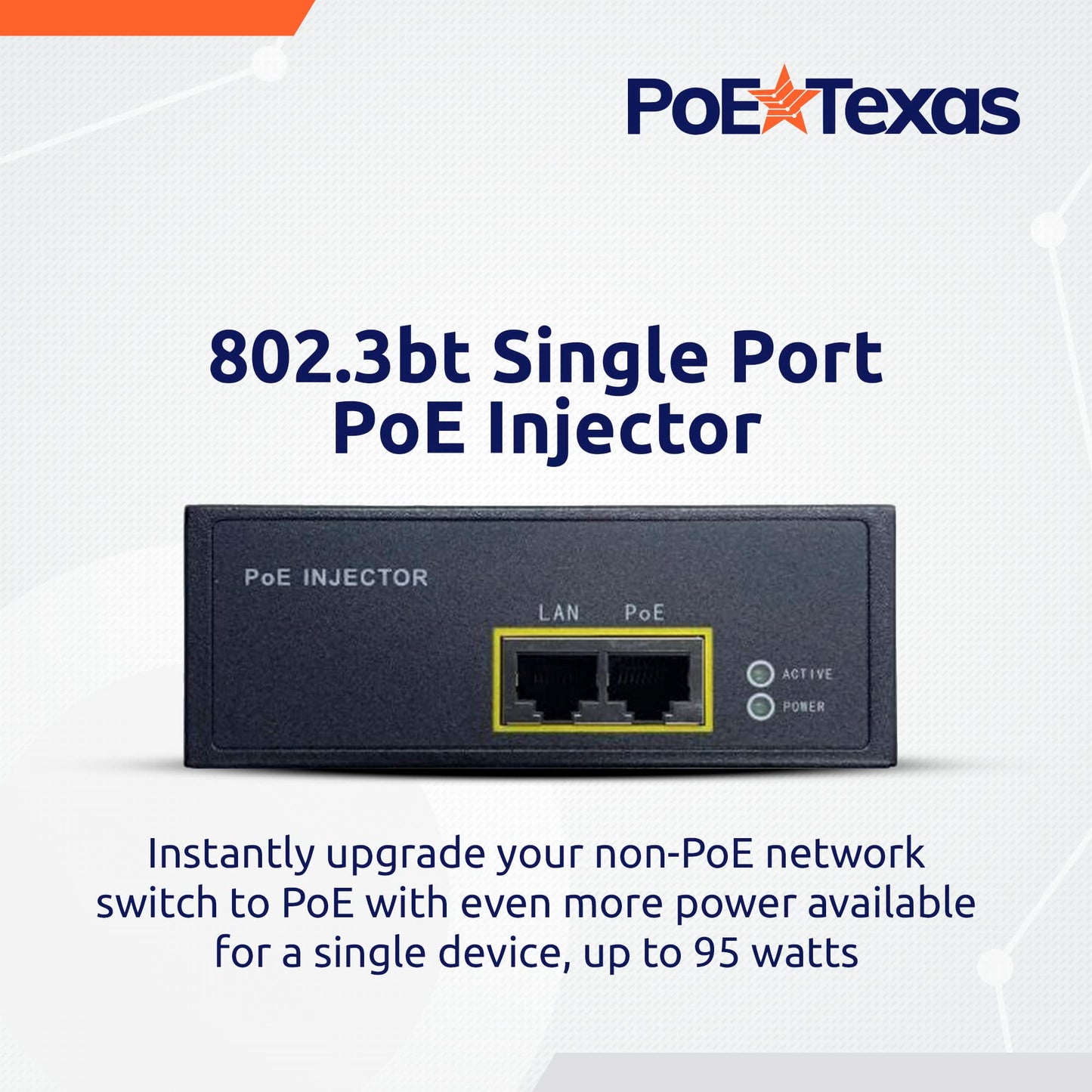 Poe Texas PoE Injector - 802.3bt PoE++ Single Port Power Over Ethernet Injector - Active PoE Adapter with 55V 95W Output - 10/100/1000 Gigabit Data