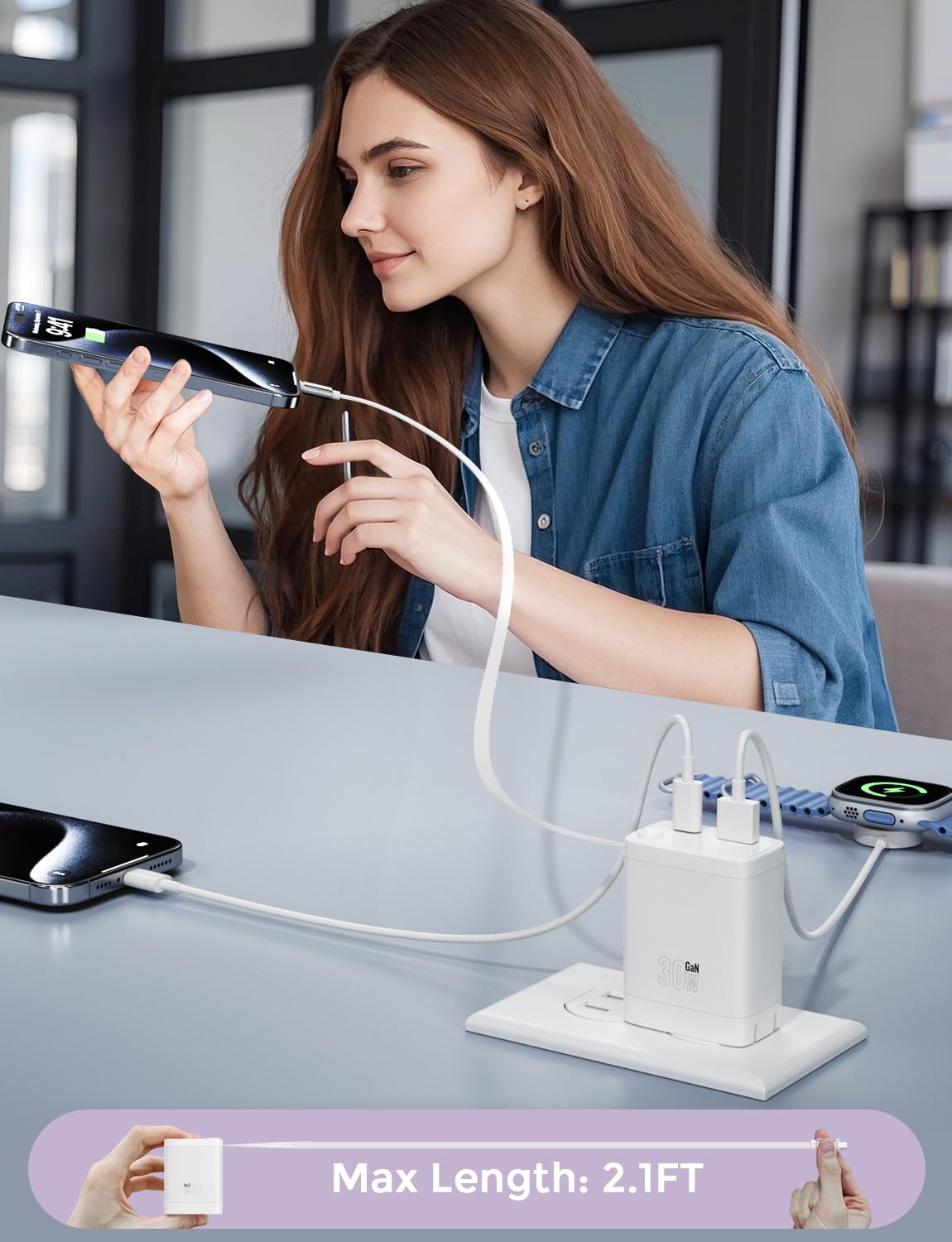 30W Retractable Wall Charger with USB C Cable 2.1FT, 2-Port USB Block 3 in 1 Travel Essentials,for iPhone Charger Fast Charging Plug for iPhone