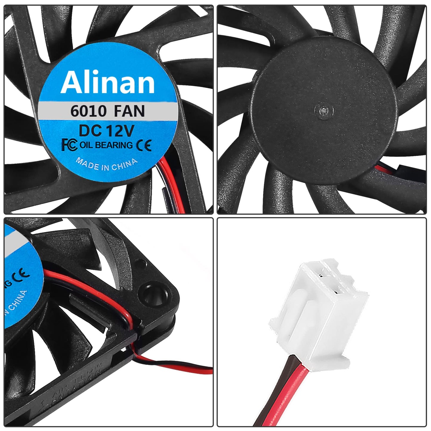 Alinan 4pcs 6010 12V Fan 60x60x10mm 2-pin Sleeve Bearing Brushless DC Cooling Fan for 3D Printer, Computer