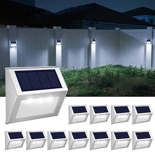 JSOT Outdoor Fence Lights,12 Pack Solar Powered Deck Lights Waterproof Stairs Light Stainless Steel Security Wall Lamps for Step Walkway Patio Garden