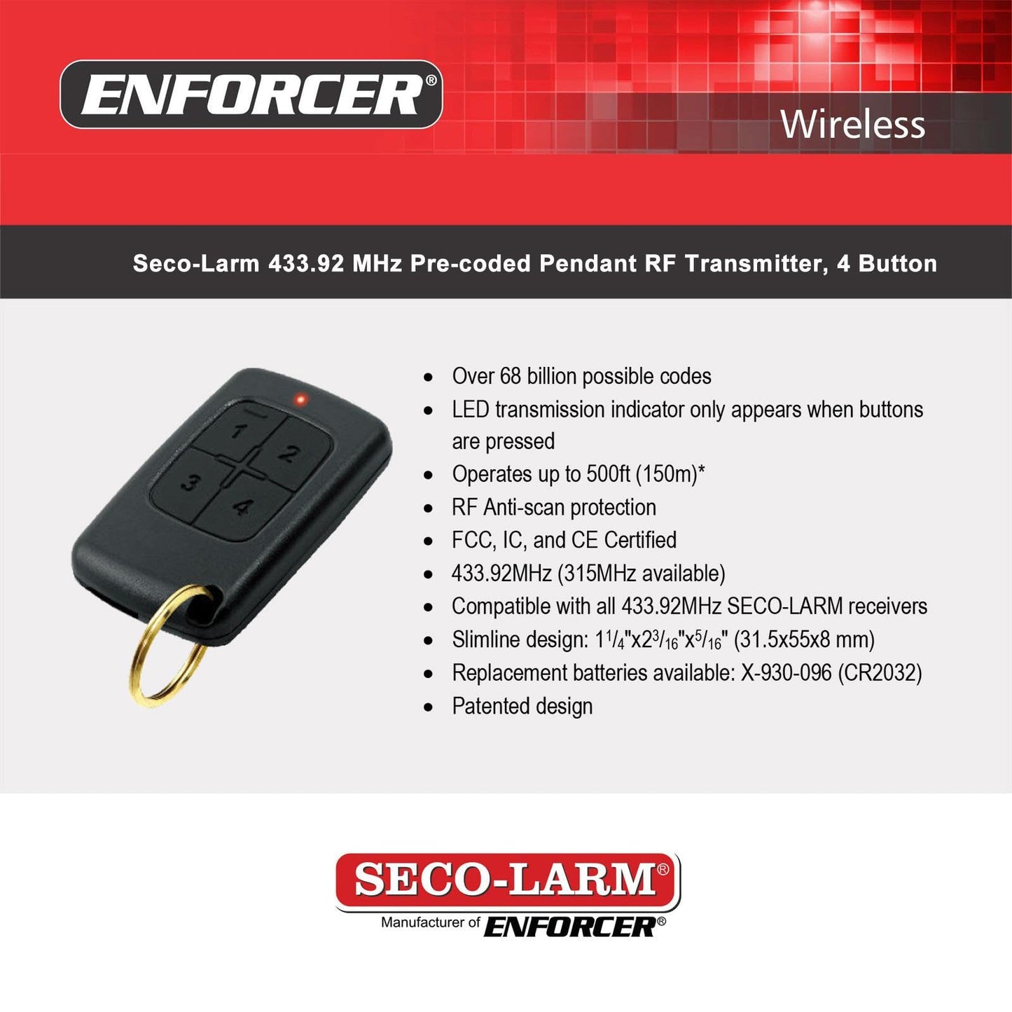 Seco-Larm SK-939T4-GNUQ 4-Button/15-Channel RF Pendant Transmitter, LED Transmission Indicator, Operates Up to 500ft, IP66 Weatherproof, Compatible