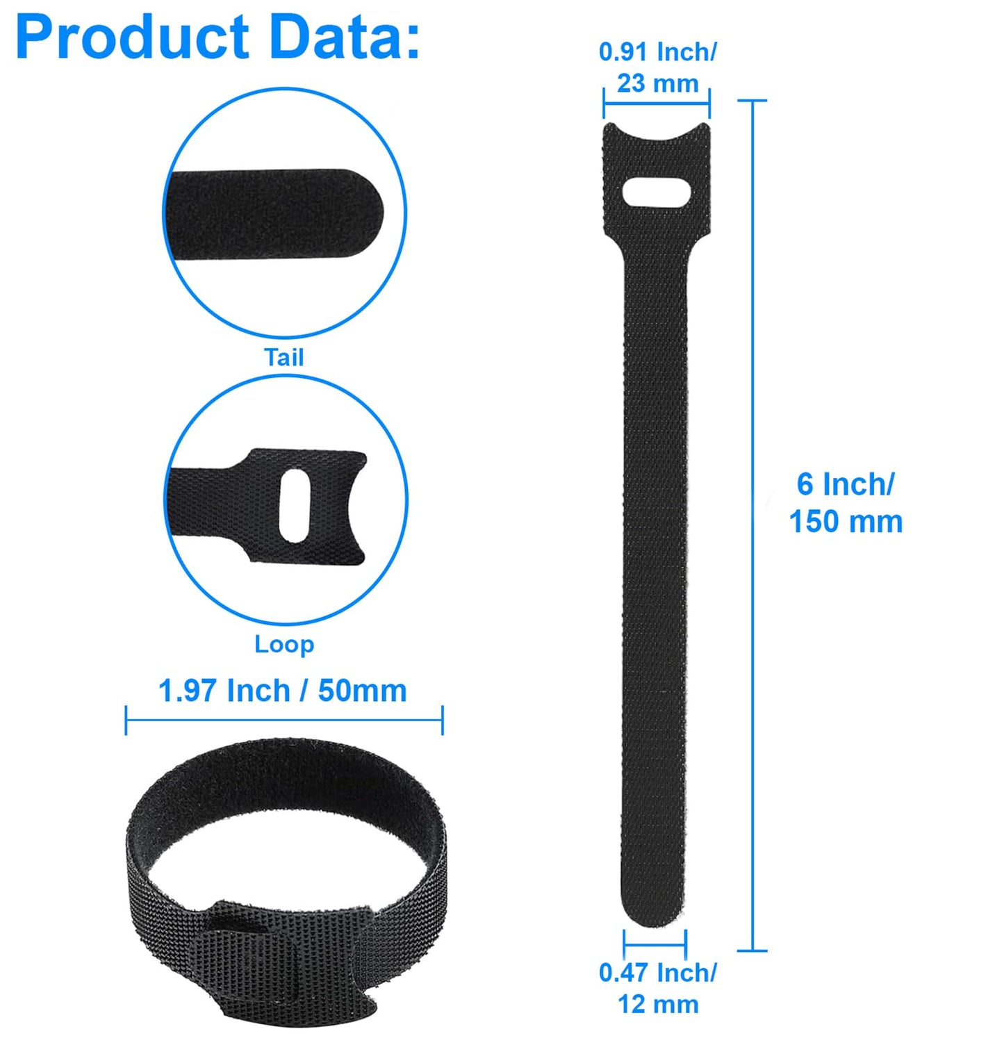California JOS 60 PCS 6 Inches Reusable Cable Ties, Adjustable Cord Straps, Cable Organizer, Cord Wrap and Hook Loop Cords Management - Black