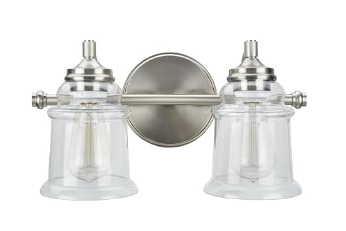 Aspen Creative 62082, Two-Light Metal Bathroom Vanity Wall Light Fixture, 15 1/4" Wide, Transitional Design in Brushed Nickel with Clear Glass Shade