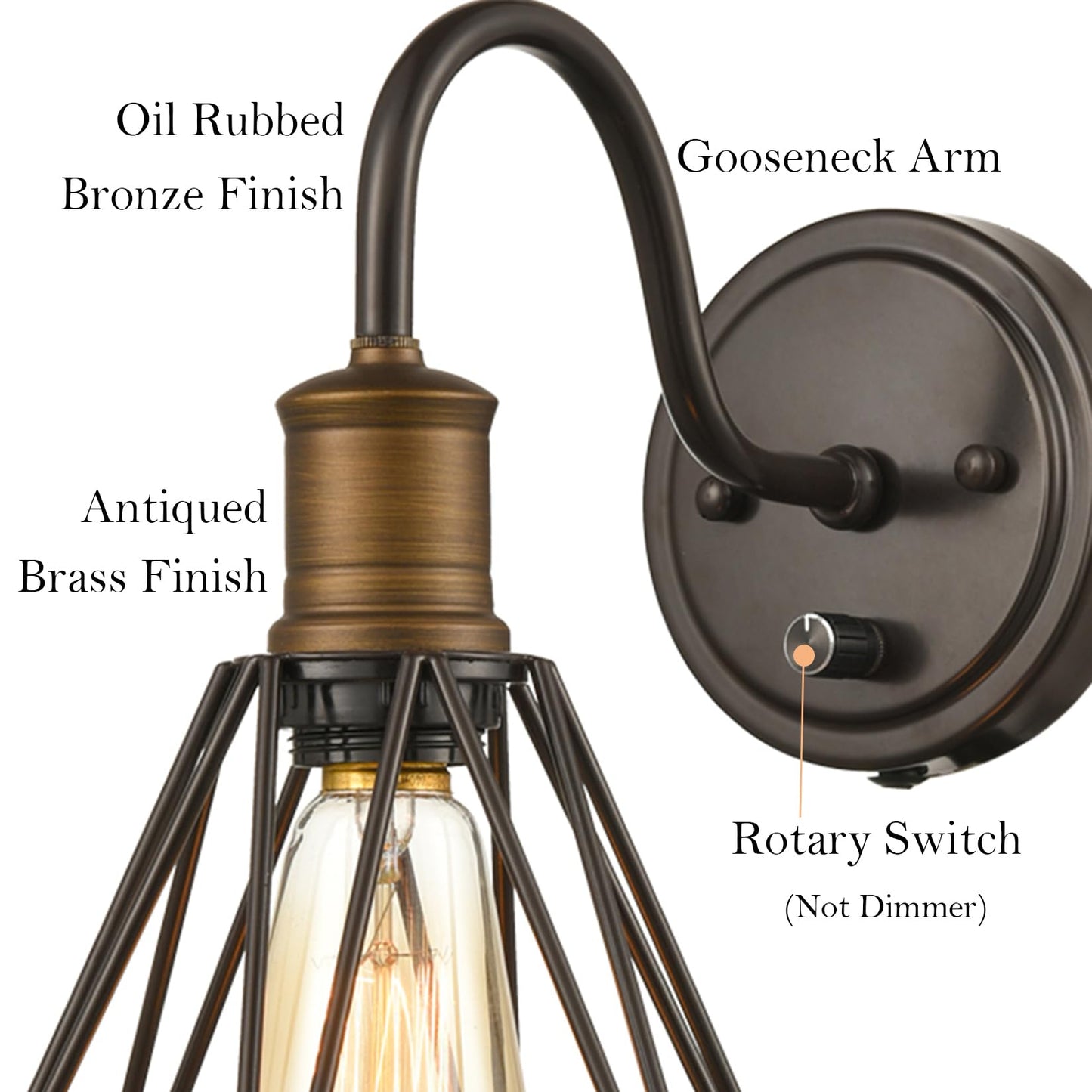 DAYCENT Farmhouse Plug in Wall Sconce Set of 2 Oil Rubbed Bronze Wall Light with On Off Switch Industrial Polygon Caged Gooseneck Sconces Wall