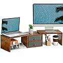 TEAMIX Dual Monitor Stand Riser with 2 Drawers - Length and Angle Adjustable 3 Shelf Monitor Riser with Storage Desk Organizer Large Monitor Stand
