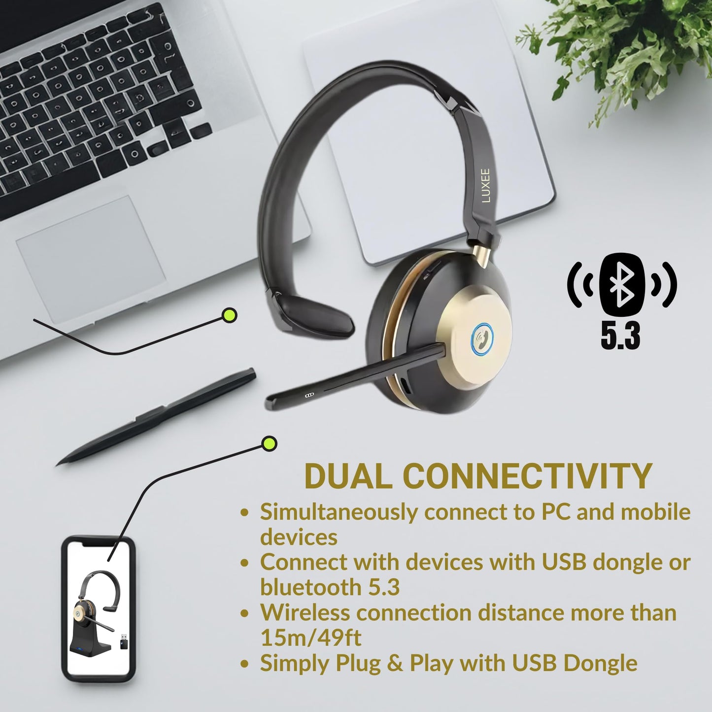 LUXEE Bluetooth Headset, Wireless Headphones with Microphone for Work, Noise Cancelling Clear Call for Meeting for Windows, Perfect for Call