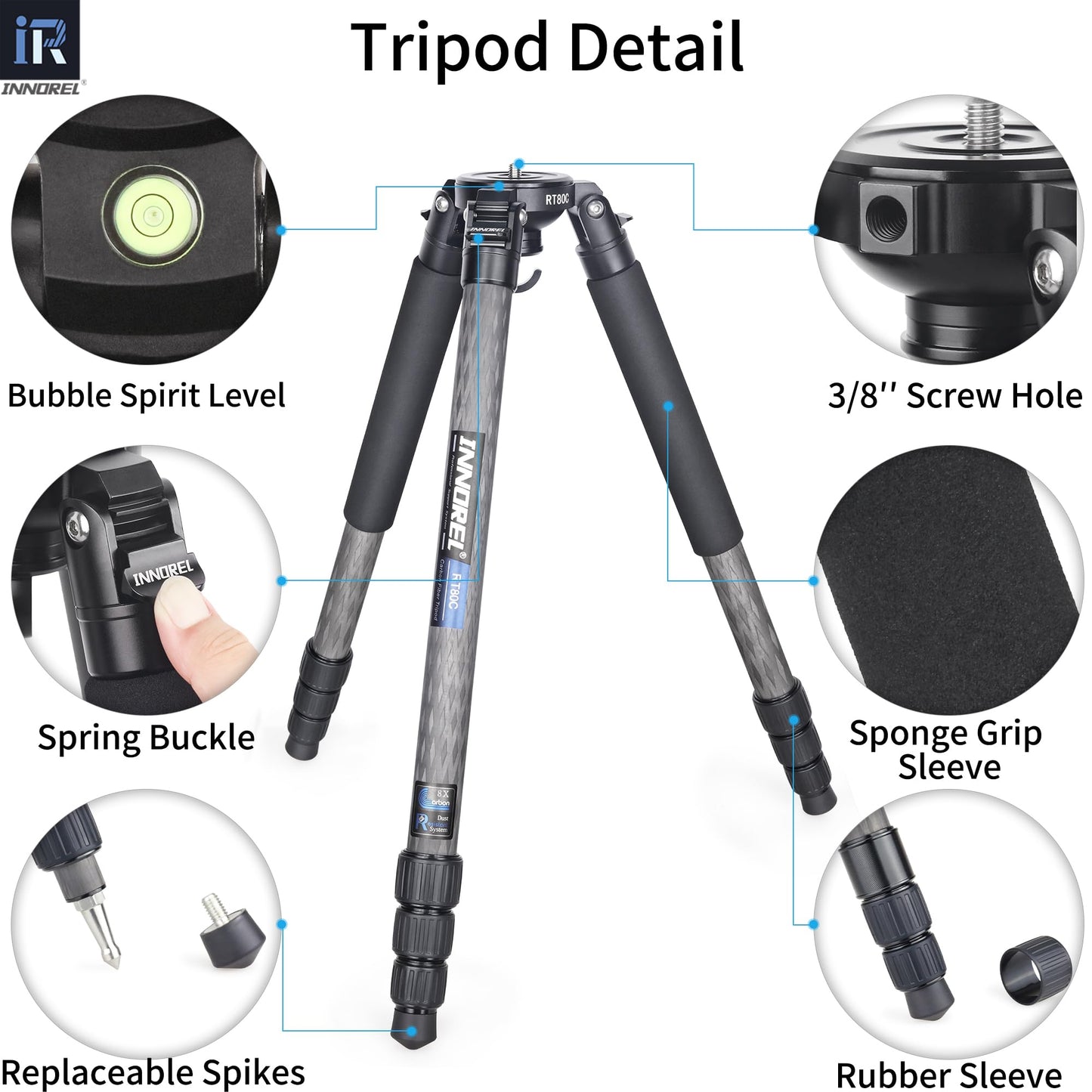 INNOREL RT80C Carbon Fiber Tripod - Professional Birdwatching, Heavy Duty Camera Stand (Max Tube 32mm, Bowl Adapter Included, 20kg Max Load)