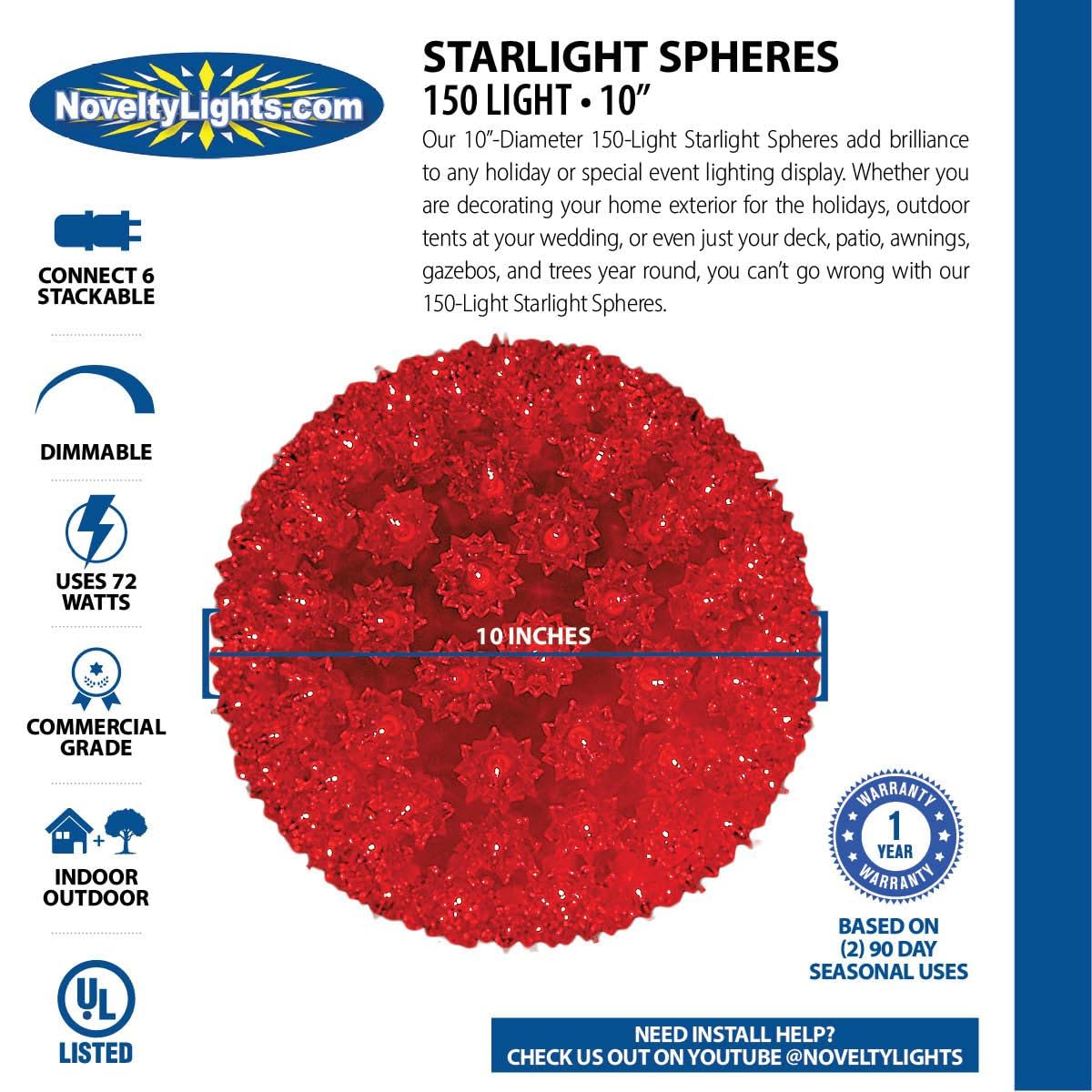 Novelty Lights 10in 150 Light Starlight Sphere, Red, Extra Large Ornament Ball Light, 5ft Hanging Cord with S Hook, 12ft Power Cord with Stackable