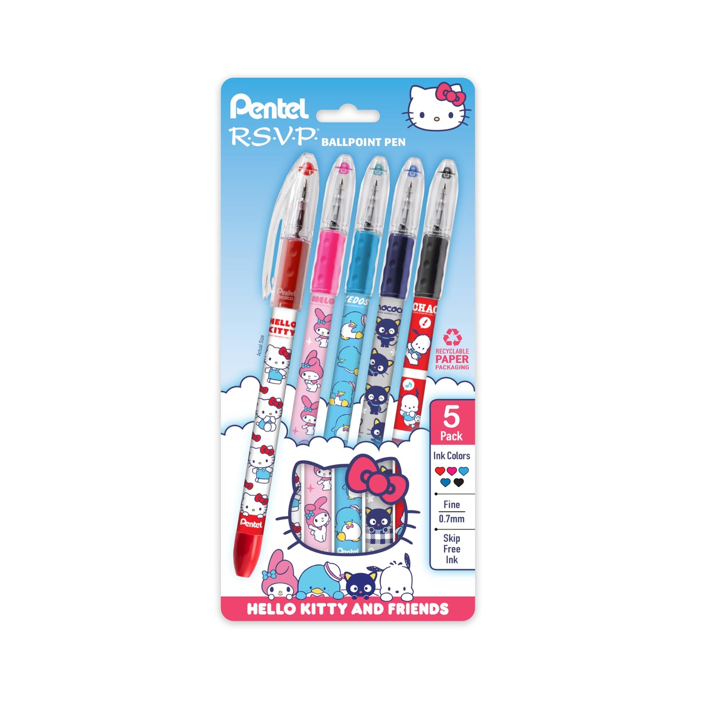 Pentel RSVP Ballpoint Pen, Hello Kitty® and Friends, Limited Edition, Mix 2, 0.7mm Fine Line, Assorted Ink, 5-Pk (BK90HKPF5M1)
