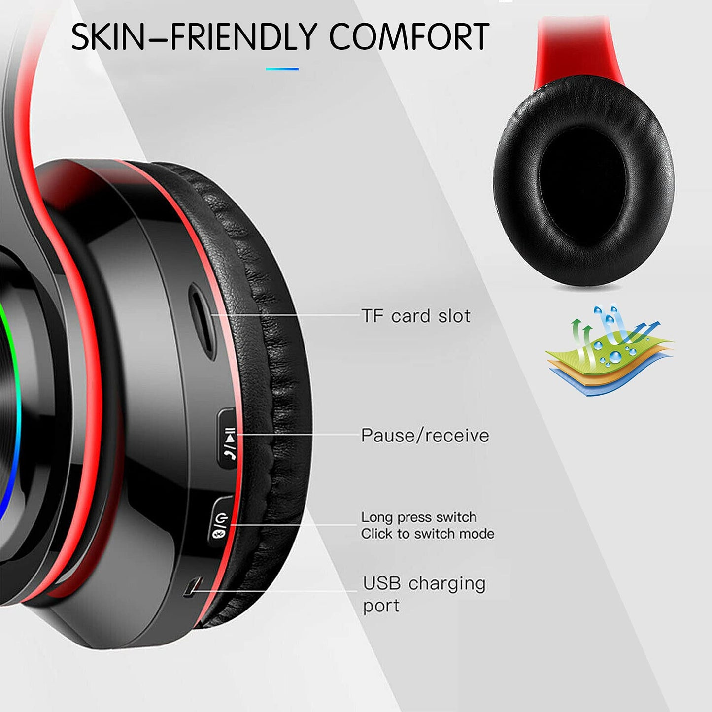 Bluetooth Over Ear Headphones, LED Lights Headphones with Built-in Mic, Light Weight, Bluetooth 5.0, Wireless Foldable HiFi Stereo Headphones…