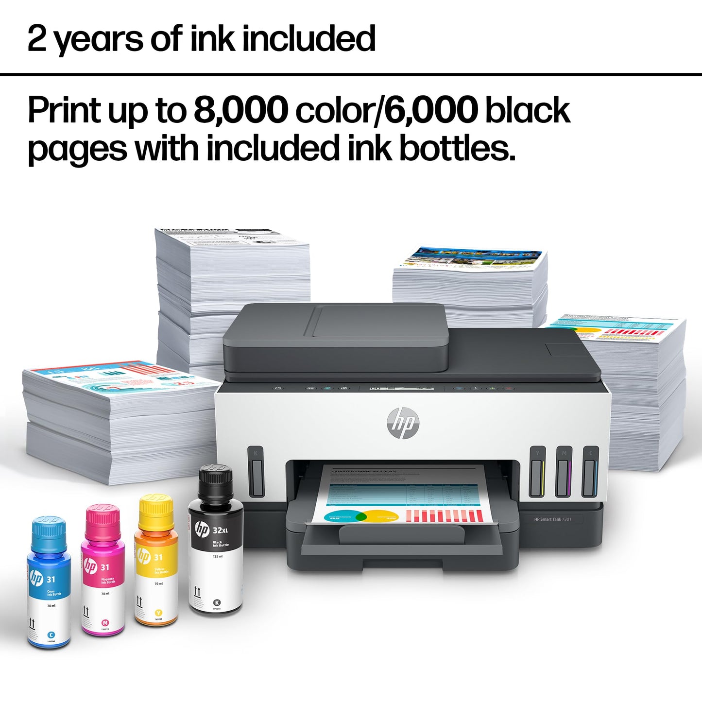 HP Smart Tank 7301 Wireless All-in-One Ink Tank Printer, Scanner, Copier with 2 Years of Ink Included, Best-for-Home Office, Cartridge-Free