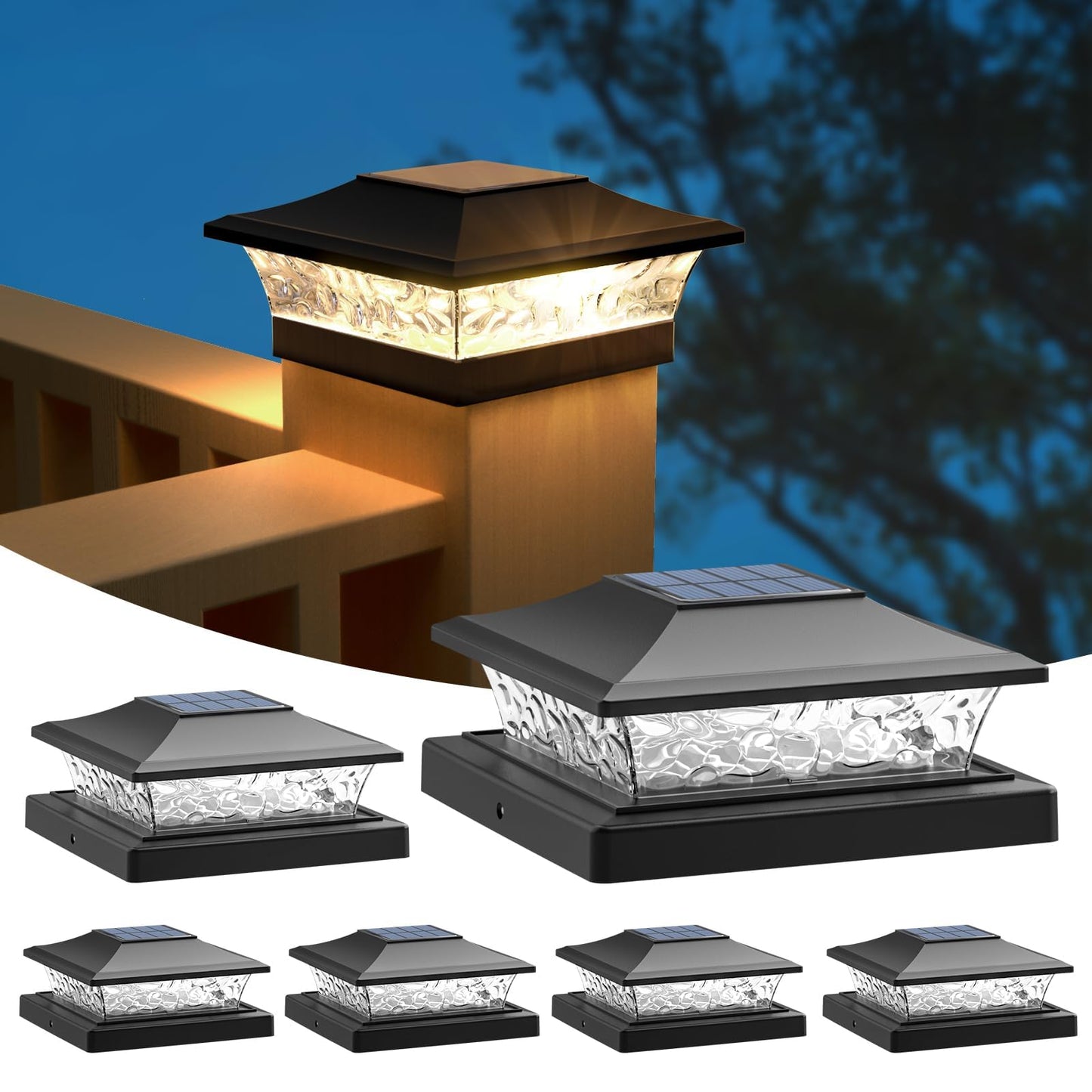 APONUO Solar Post Cap Lights 6 Pack for 4x4 5x5 6x6 Wood & Vinyl Fences - IP65 Waterproof, All-Night Auto On/Off, Warm/Cool White Light, Outdoor Deck