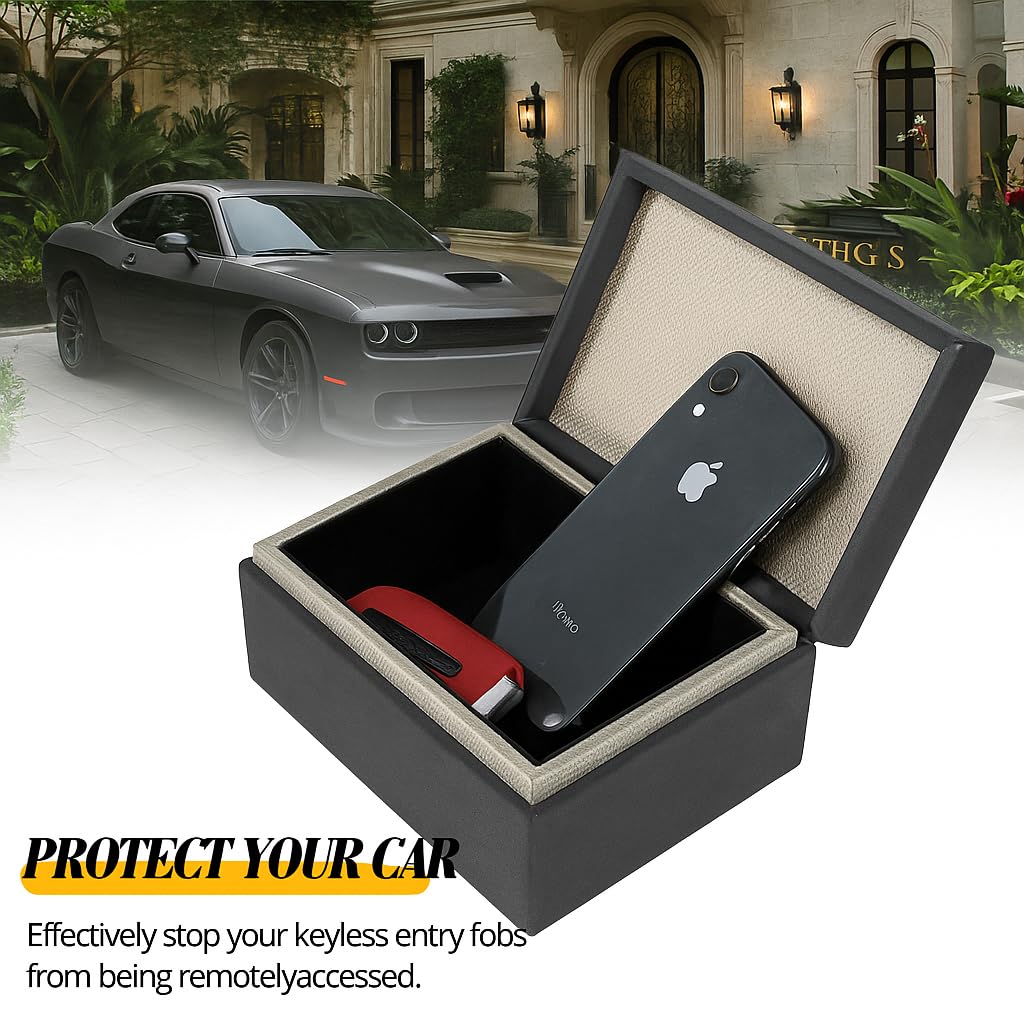 Faraday Box for Car Keys, RFID Signal Blocking Key Fob Protector, Large Capacity Suede Anti-Theft Box with Silver Buckle (Fits Multiple Keys, Phones