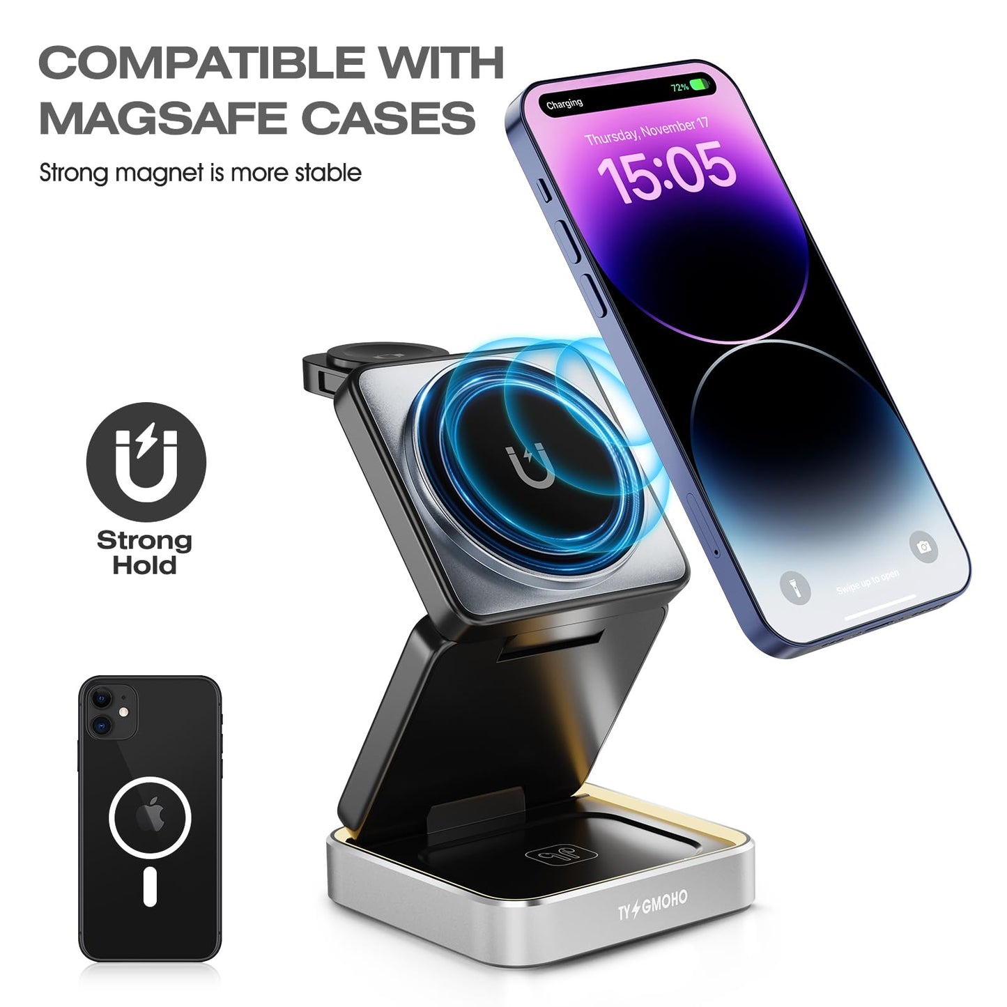 Portable 3 in1 Magsafe Wireless Charger Station for Apple iPhone, Multiple Devices, Foldable Travel Charging Stations, Magnetic Fast Charger