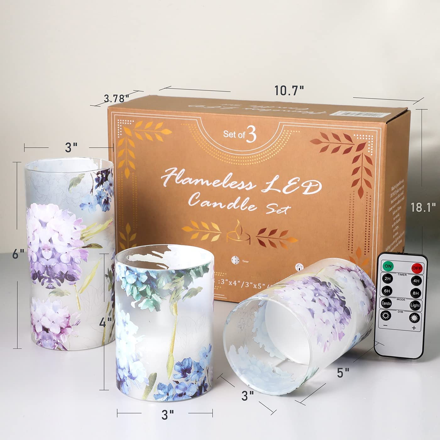 GORGE MOMENT Blue Violet Hydrangea Flameless Candles LED Flicker with Remote DIM Love Theme Summer Spring Decorative Glass Decor Wedding Date Proposal