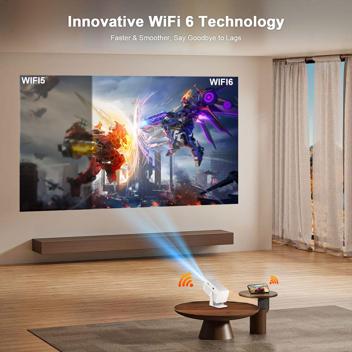 Mini Projector with WiFi and Bluetooth,Support Movie Projector 1080P HD,Auto Keystone Correction,135° Rotatable,Portable Projector Compatible
