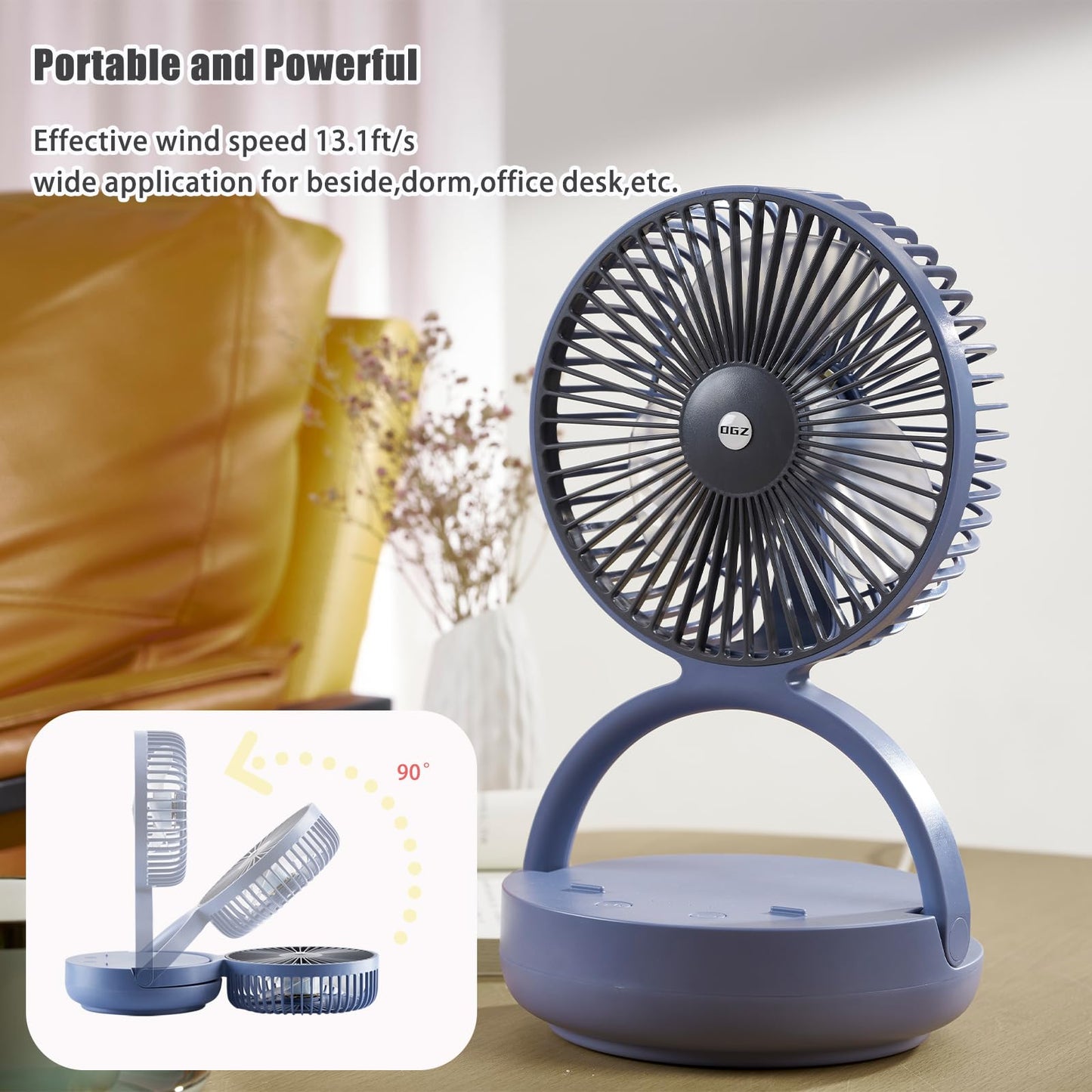 OGZ Portable Fan for Travel I 7 Inch Small Desk Fan Rechargeable Air Circulator I 180° Oscillating Personal Fan For Beside Office Desktop RV Dorm