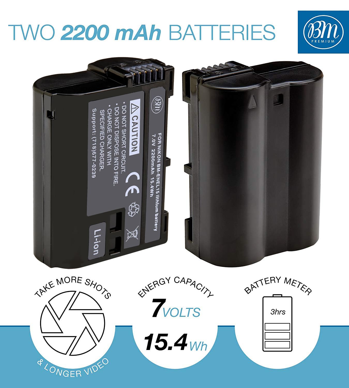 BM Premium 2 Pack of EN-EL15B Batteries and Battery Charger for Nikon Z6, Z7, D780, D850, D7500, 1 V1, D500, D600, D610, D750, D800, D800E, D810