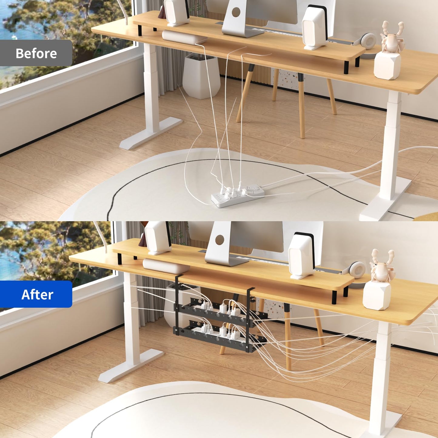 Under Desk Cable Management Raceway Clamp 2 Hole 31Inch No Dril Cord Organizer for Standing Desk Sturdy Metal Office Desk Wire Management - No Damage
