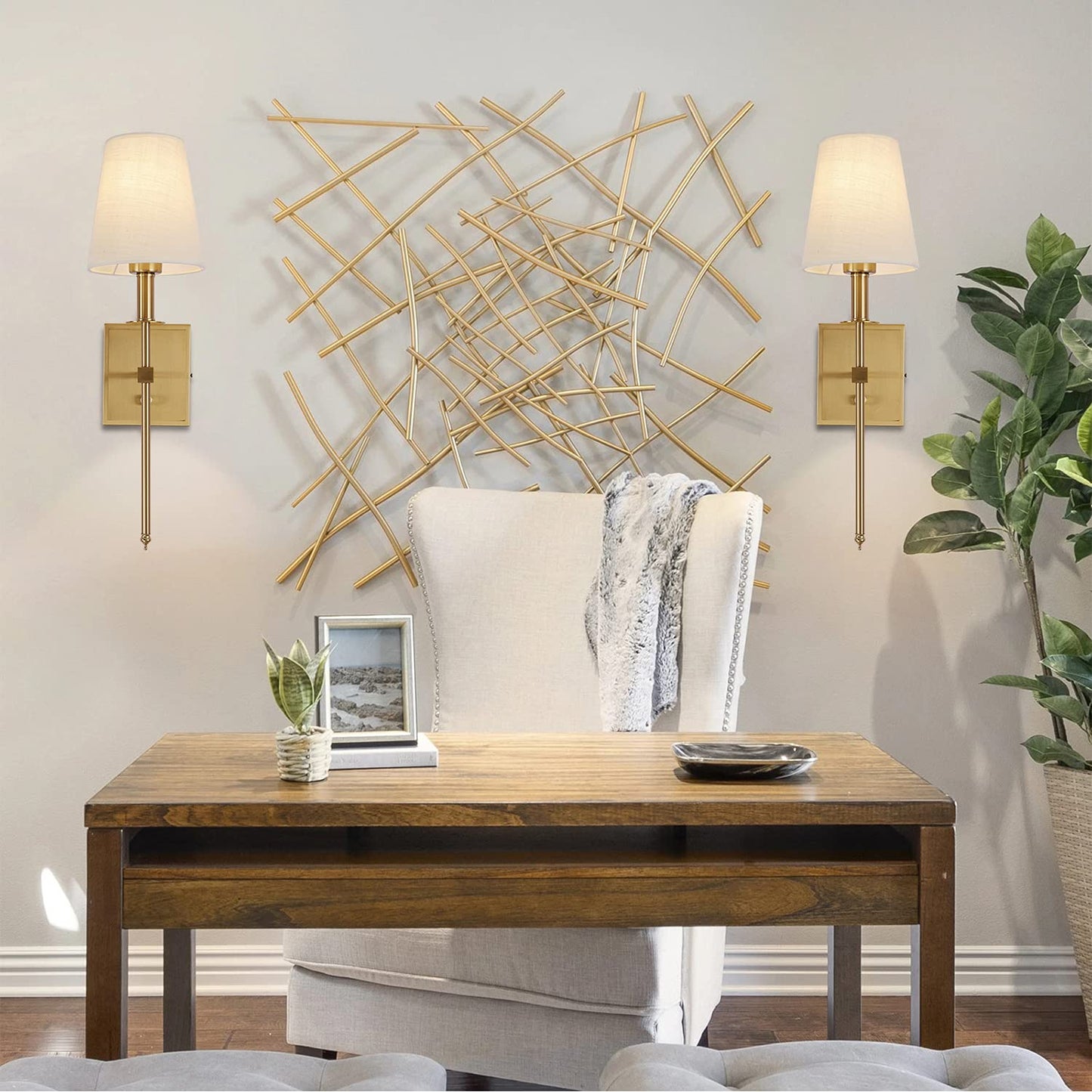 Rizzyluz Gold Wall Sconce Lighting Modern Wall Sconce, Modern Bathroom Vanity Light Fixture Dimmable with On Off Dimmer Switch Linen Fabric Shade